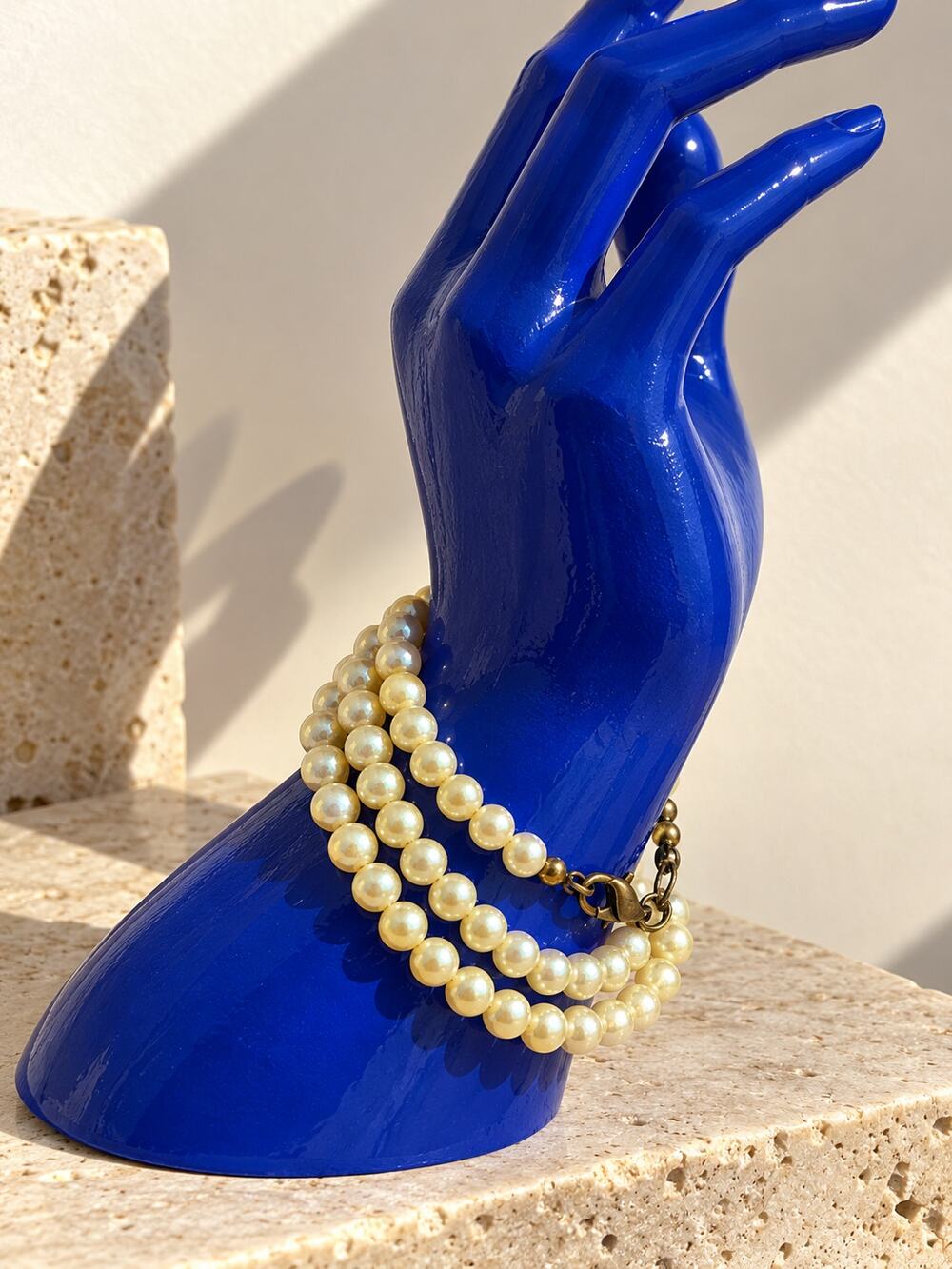 Vintage Triple Strand Faux Pearl Bracelet Cream Gold Tone Clasp